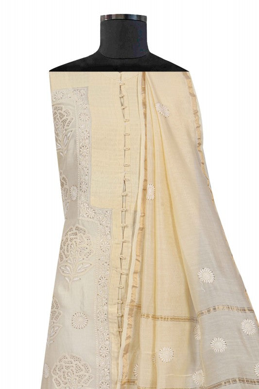 Ada Hand Embroidered Fawn Chanderi Lucknowi Chikan Semi-stitched Kurta Dupatta Set with Muqaish Work A497283