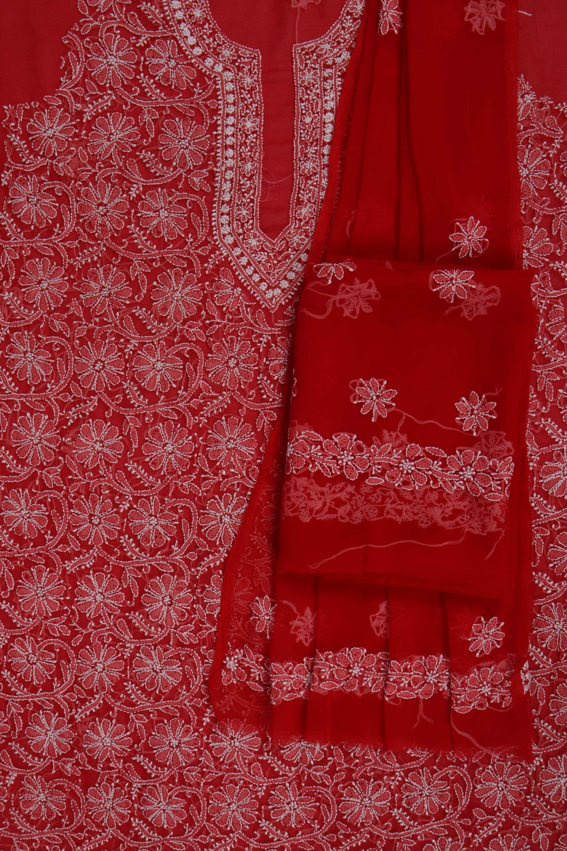 Ada Hand Embroidered Red Georgette Lucknowi Chikan Unstitched Suit Piece A496893