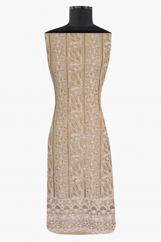 Ada Hand Embroidered Fawn Pure Georgette Lucknowi Chikan Unstitched Kurta Dupatta Set with Muqaish Work A595019