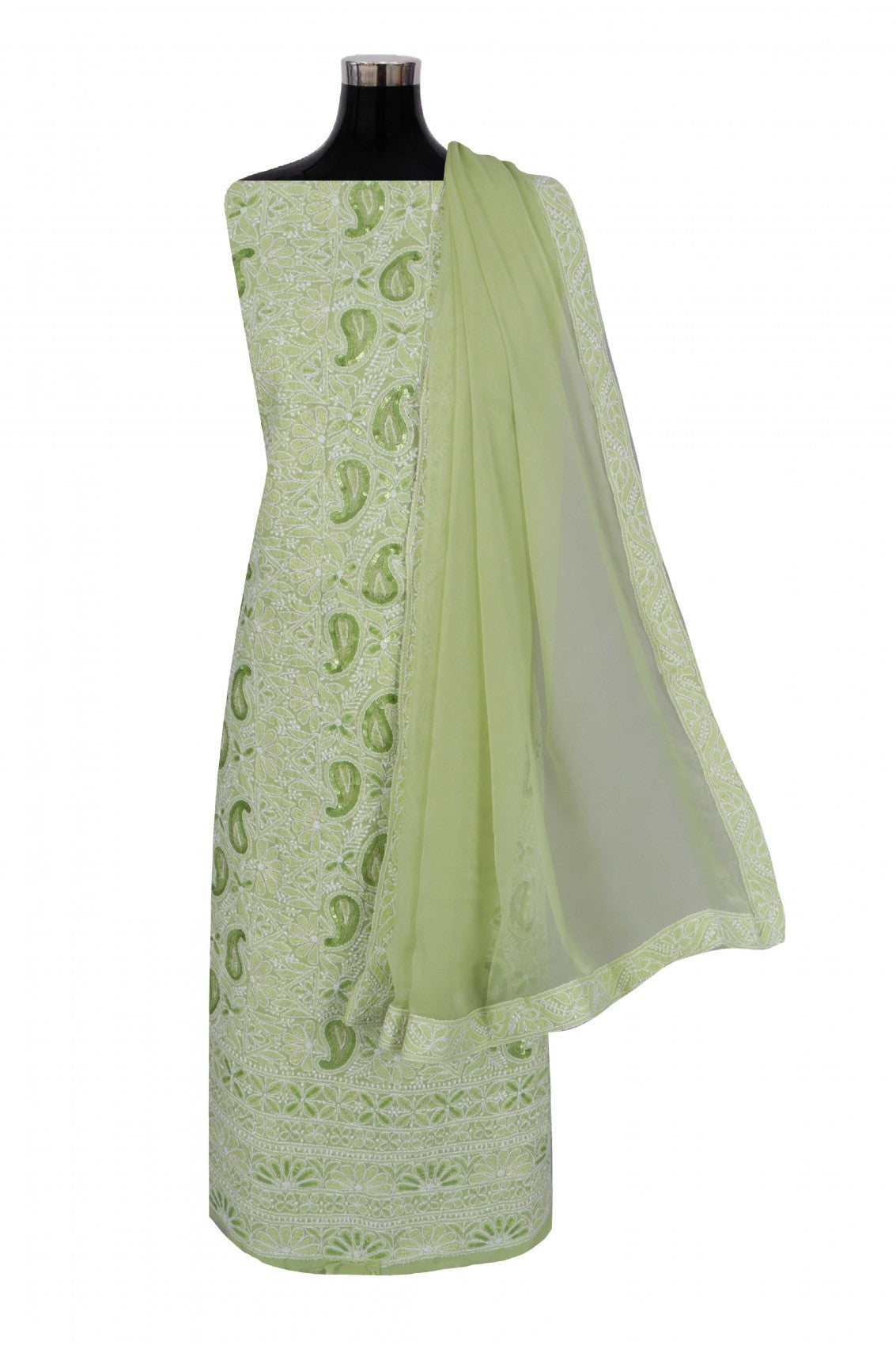 Ada Hand Embroidered Apple Green Cotton Lucknowi Chikankari Unstitched Suit Piece With Pearl Work 01A270933