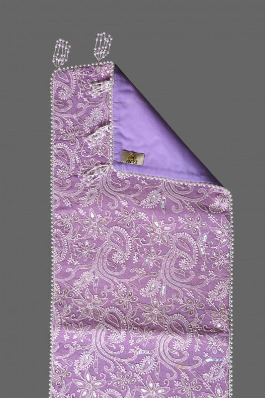 Ada Hand Embroidered Mauve Pure Georgette Lucknowi Chikankari Dining Table Runner With Sequinned Work 01A16896