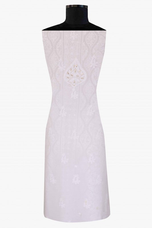 Ada Hand Embroidered White Georgette Chikan Unstitched Kurta Piece- A501449