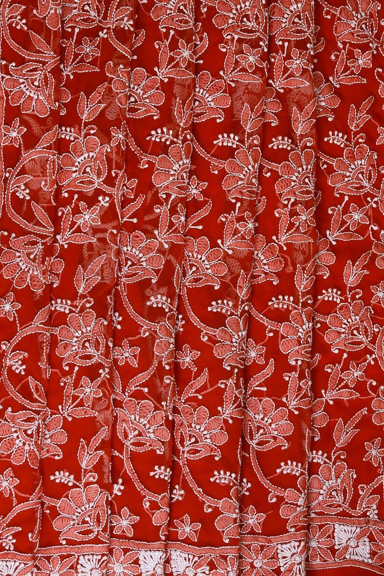 Ada Hand Embroidered Red Georgette Lucknowi Chikankari Saree with Blouse A599654