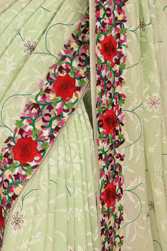Ada Hand Embroidered Pistachio Green Pure Georgette Lucknow Chikan Saree With Blouse- A94298