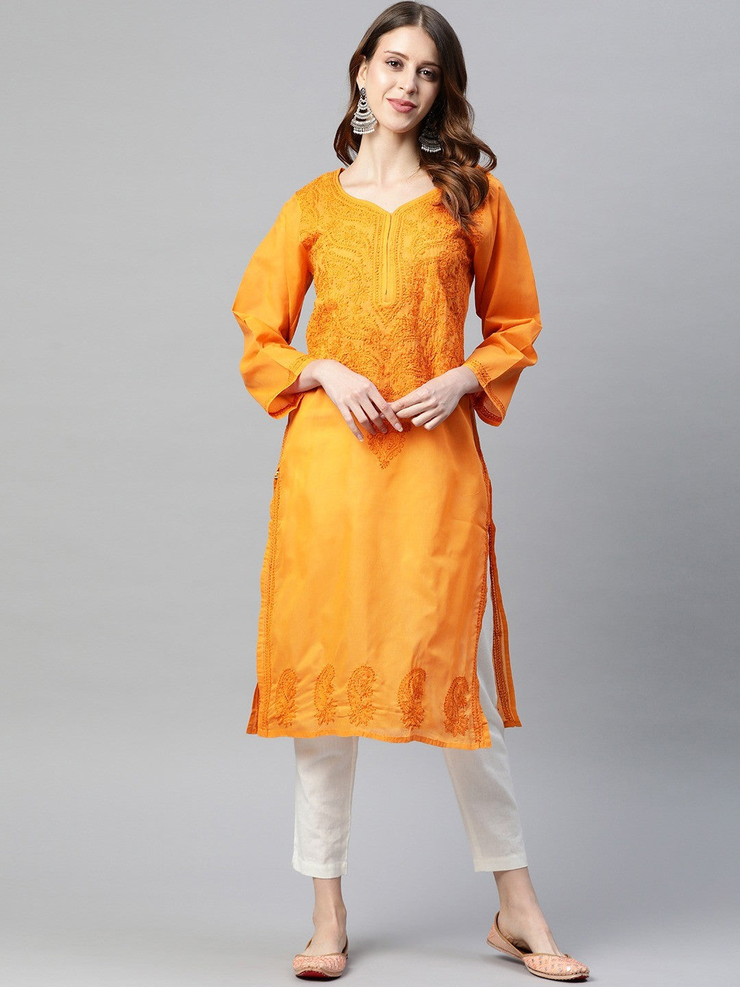 Ada Hand Embroidered Mustard Cotton Lucknowi Chikankari Straight Kurta A231359