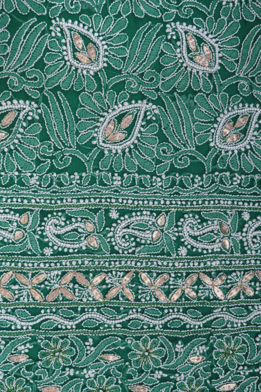 Ada Hand Embroidered Forest Green Georgette Lucknowi Chikan Unstitched Kurta Piece With Gota Patti Work A175148