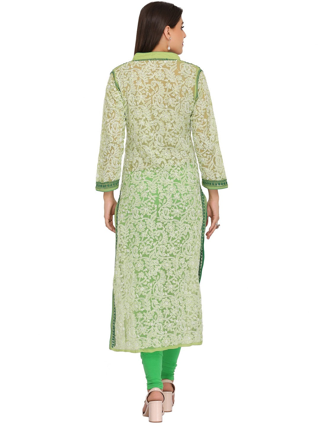 Ada Hand Embroidered Green Georgette Lucknow Chikan Kurti A274245