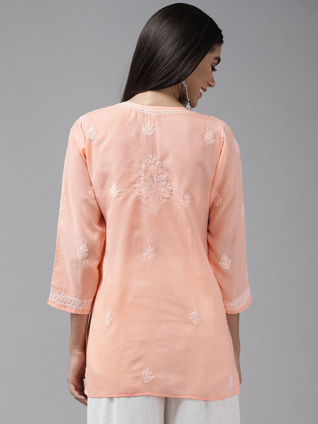 Ada Hand Embroidered Peach Cotton Lucknowi Chikankari Straight Kurti A911236