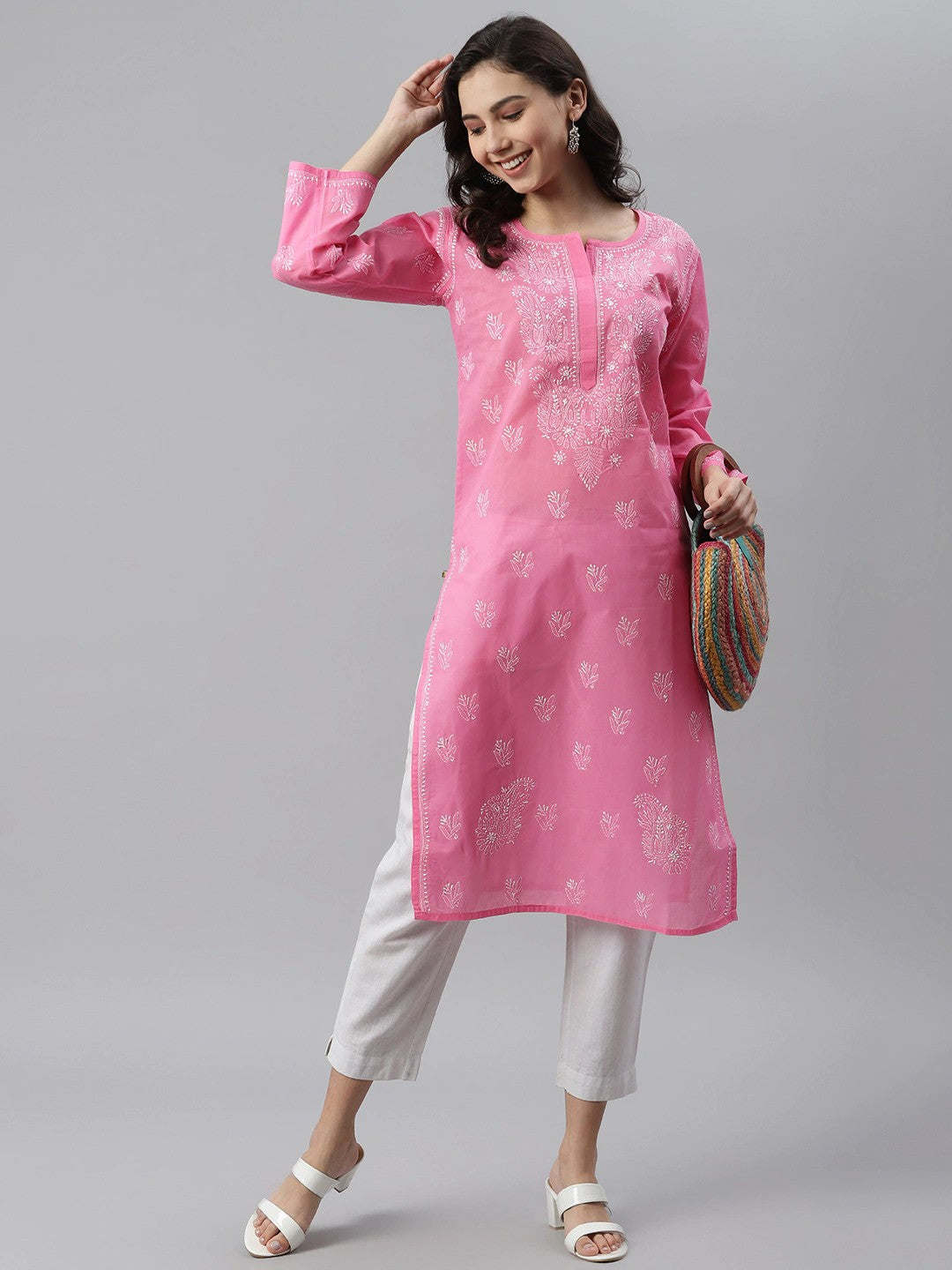 Ada Hand Embroidered Pink Cotton Lucknowi Chikankari Straight Kurta A133537