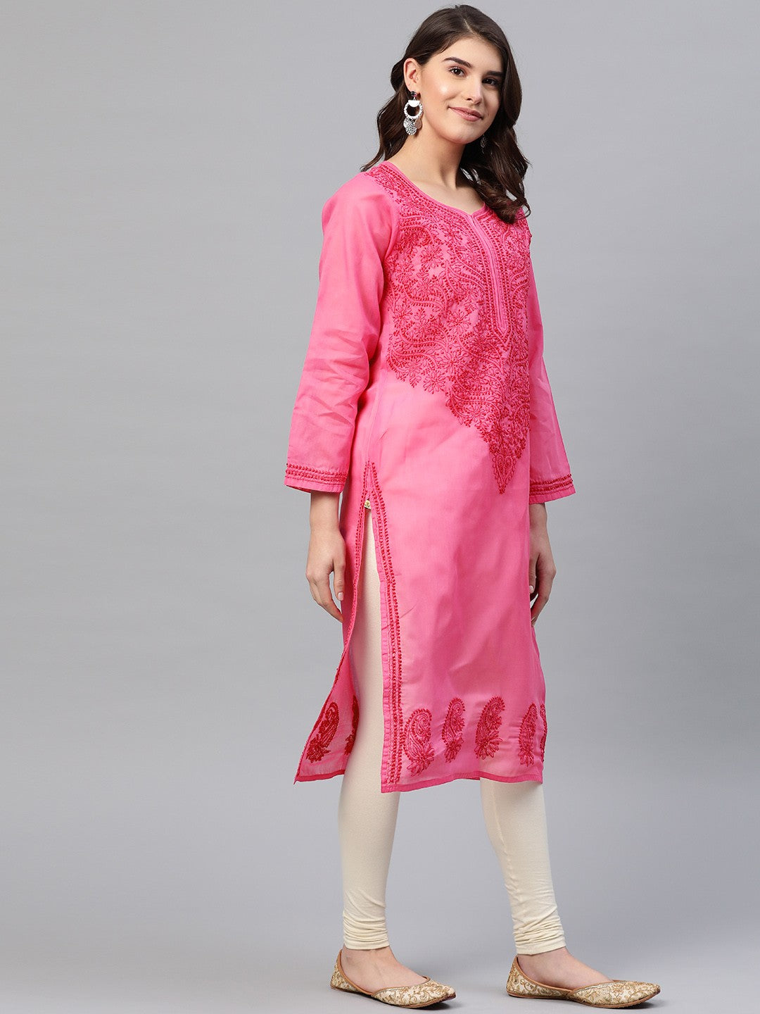 Ada Hand Embroidered Pink Cotton Lucknowi Chikan Straight Kurta A238185