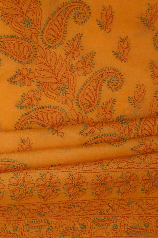 Ada Hand Embroidered Mustard Cotton Lucknowi Chikan Unstitched Suit Piece-A211154