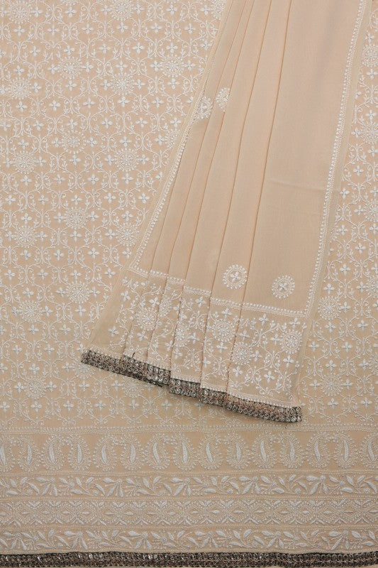 Ada Hand Embroidered Fawn Crepe Lucknowi Chikan Unstitched Kurta Dupatta Set- A56622