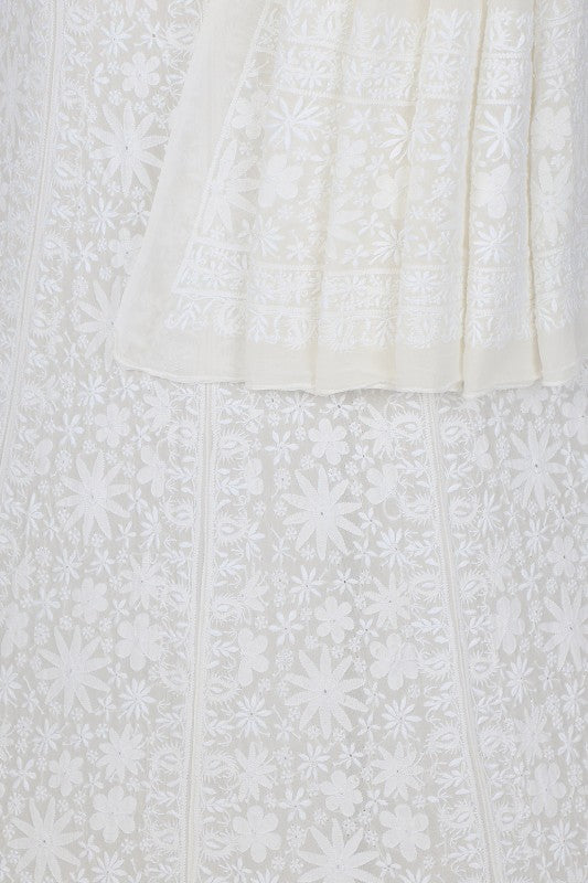 Ada Hand Embroidered White Pure Georgette Lucknowi Chikankari Lehenga Set– A562579