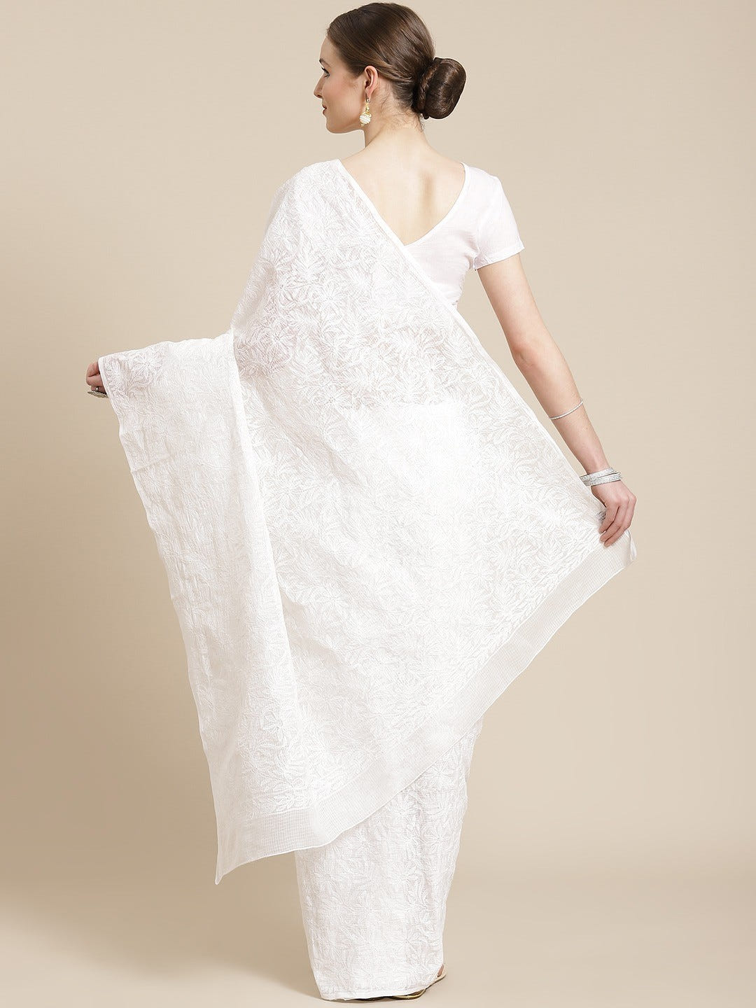 Ada Hand Embroidered White Kota Lucknow Chikan Saree With Blouse- A311227
