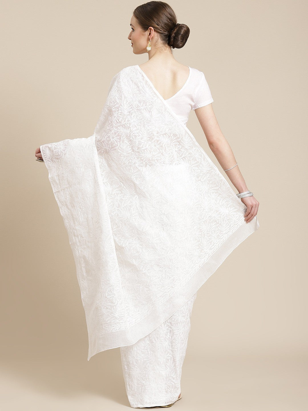 Ada Hand Embroidered White Kota Lucknow Chikan Saree With Blouse- A311227