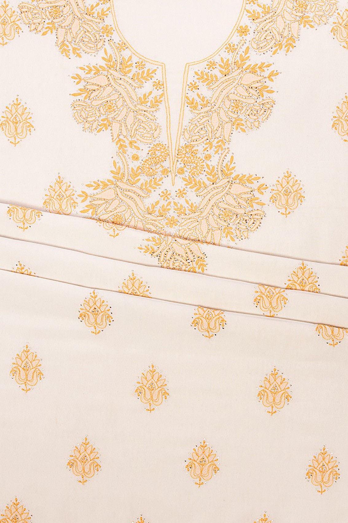 Ada Hand Embroidered White Pure Georegtte Lucknowi Chikankari Unstitched Kurta Dupatta set With Muqaish Work A449855