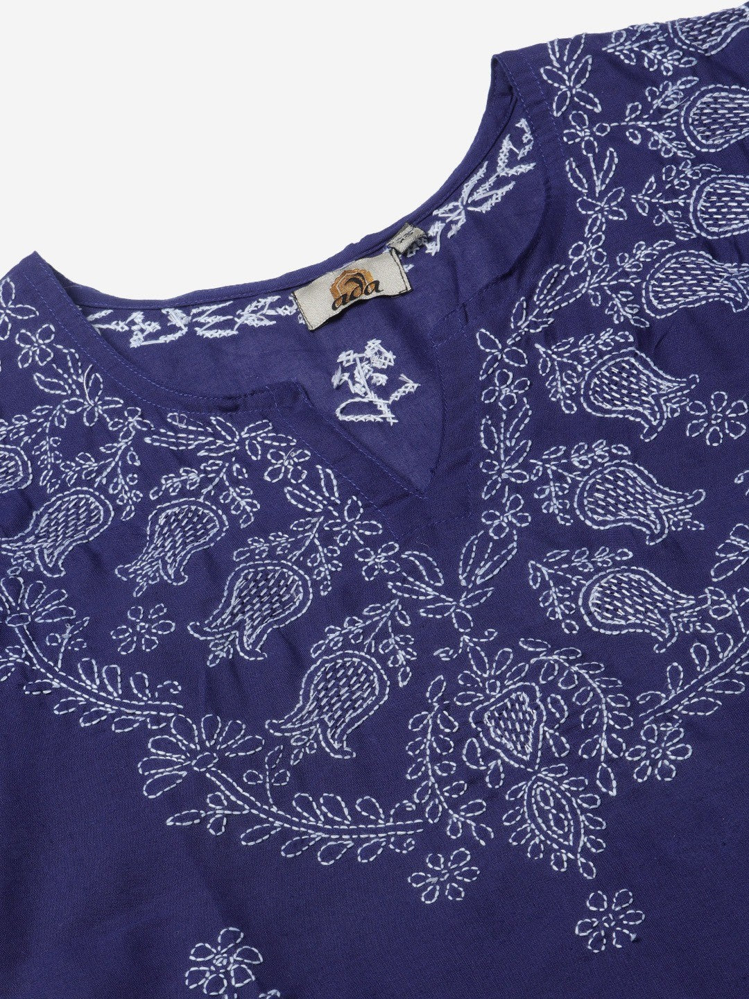 Ada Hand Embroidered Royal Blue Cotton Lucknowi Chikankari Kurti A534792