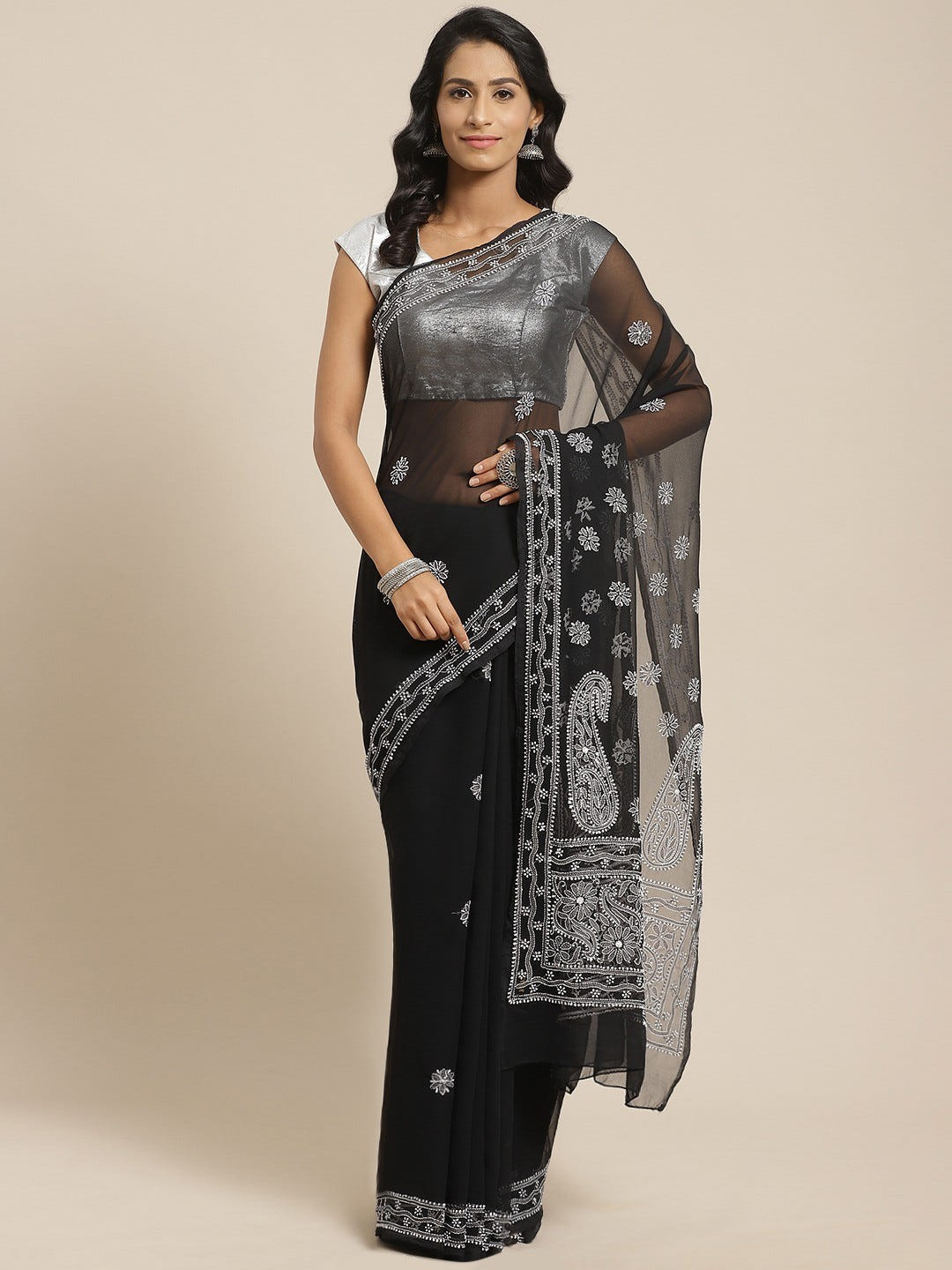 Ada Hand Embroidered Black Georgette Lucknow Chikan Saree with Blouse A311121