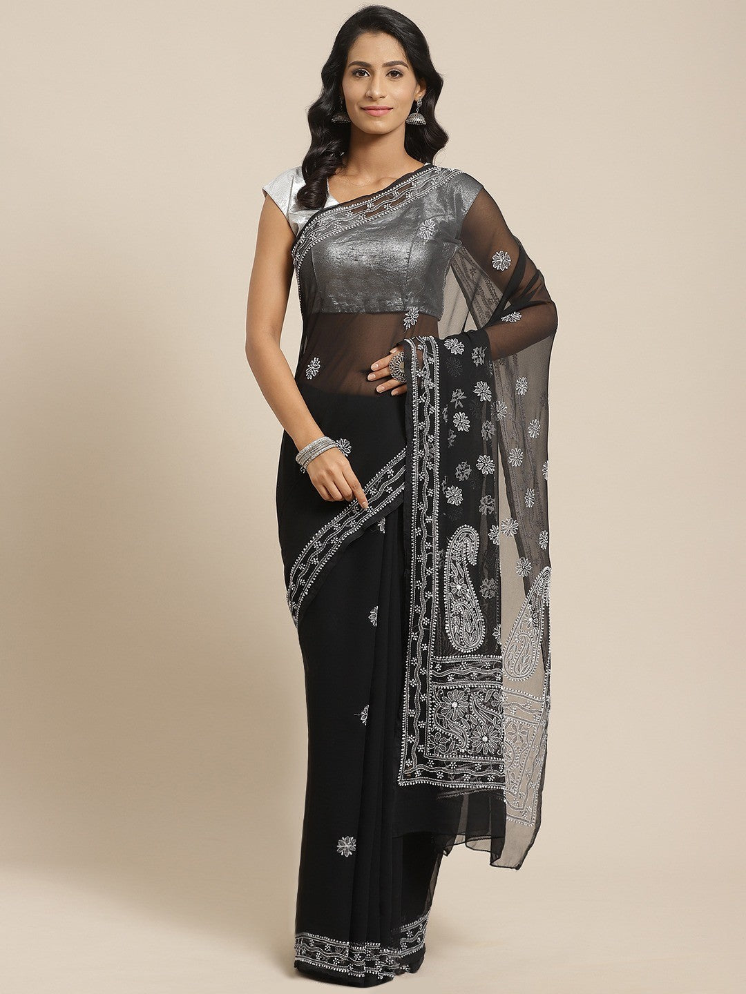 Ada Hand Embroidered Black Georgette Lucknow Chikan Saree with Blouse A311121