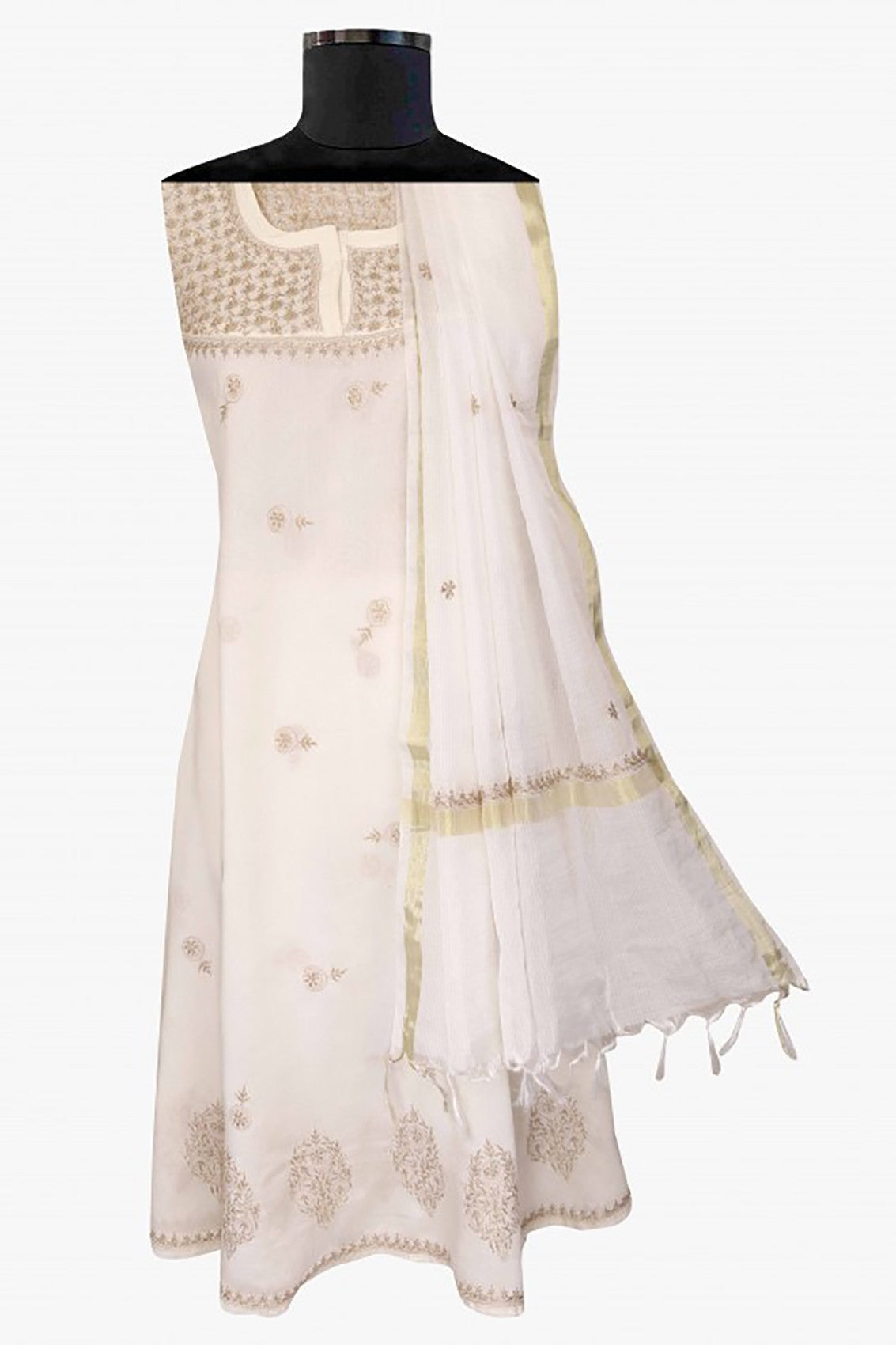 Ada Hand Embroidered Cream Chanderi Lucknowi Chikankari Semi-stitched Kurta Dupatta Set With Muqaish Work A623442