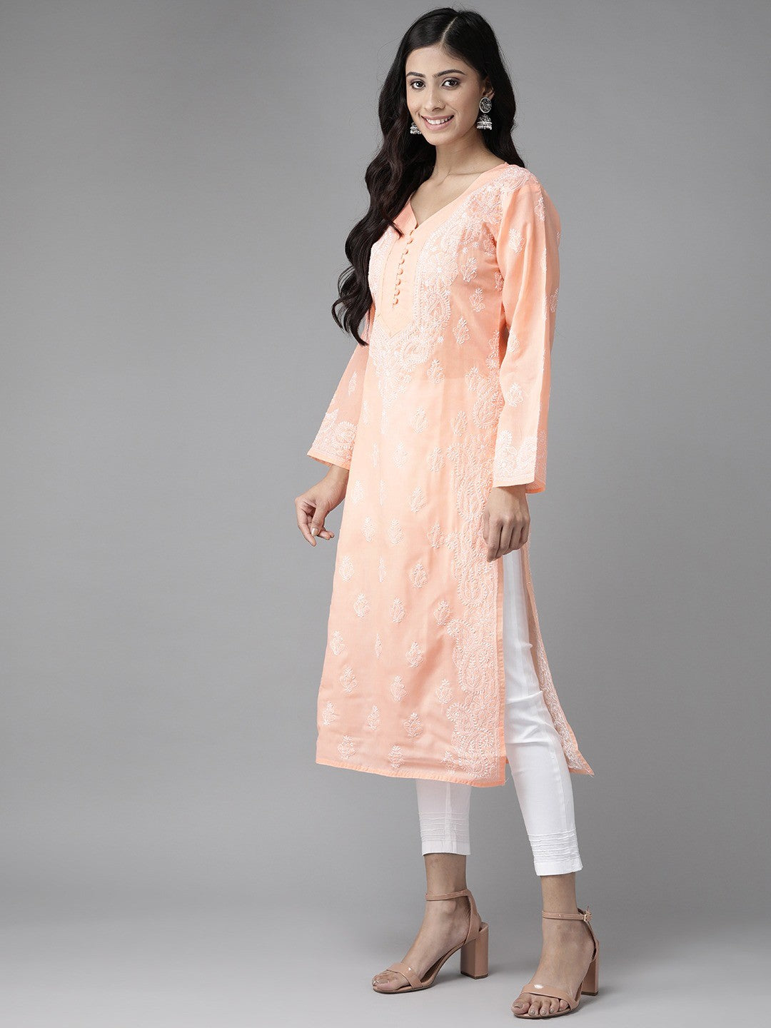 Ada Hand Embroidered Peach Cotton Lucknowi Chikankari Kurta Set A811185