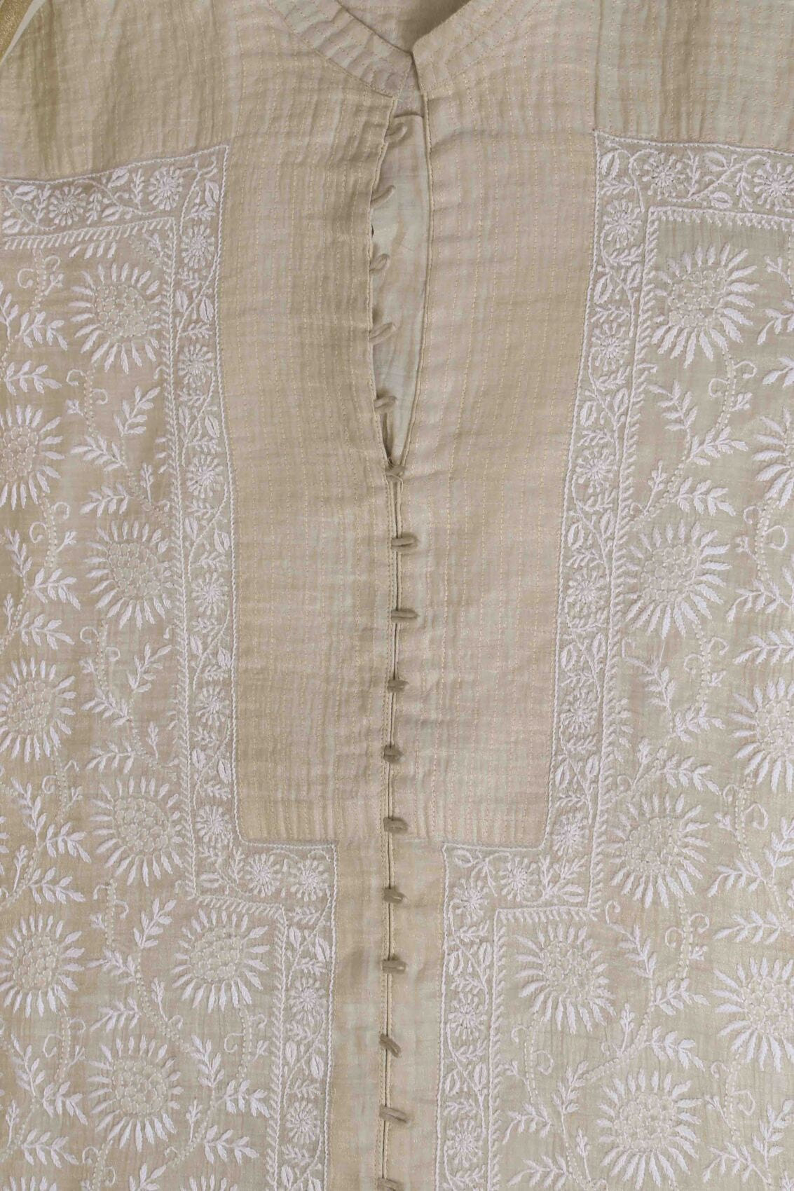 Ada Hand Embroidered Natural Fawn Tissue Lucknowi Chikankari Semi-stitched Kurta Dupatta Set A615495