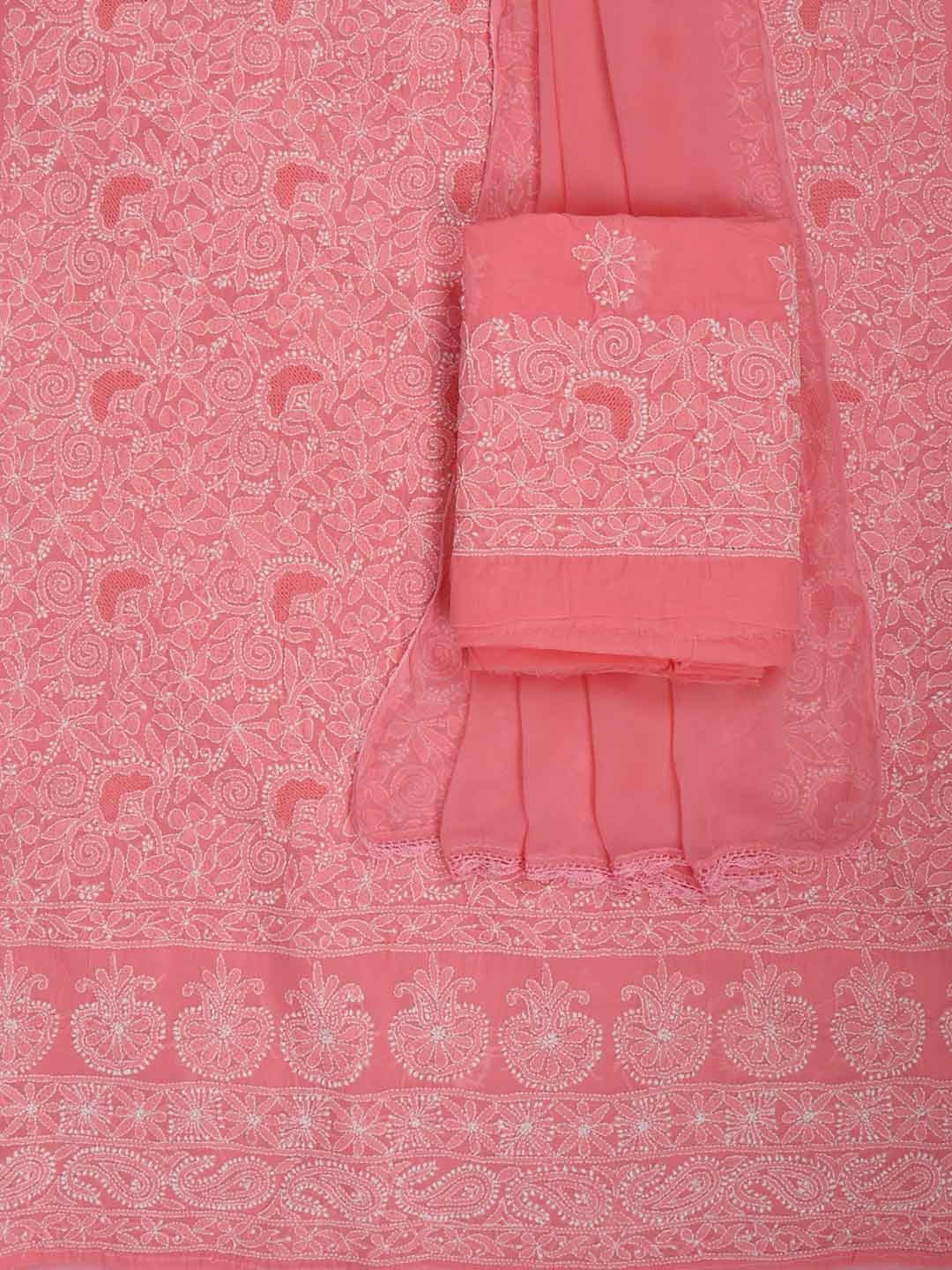 Ada Hand Embroidered Carrot Pink Cotton Lucknowi Chikankari Unstitched Suit Piece 01A213275