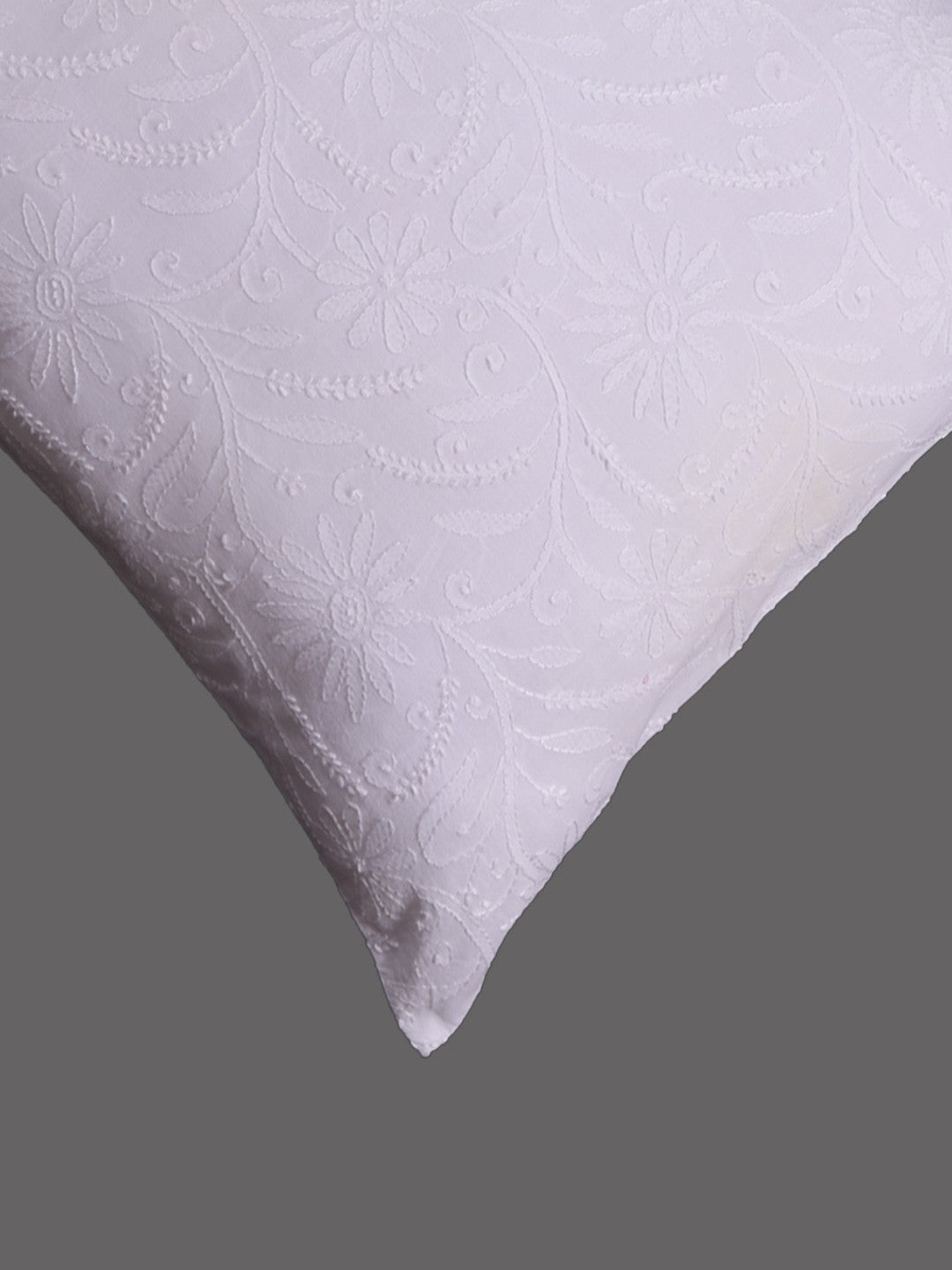 Ada Hand Embroidered White Cotton Lucknow Chikankari Cushion Cover A011103