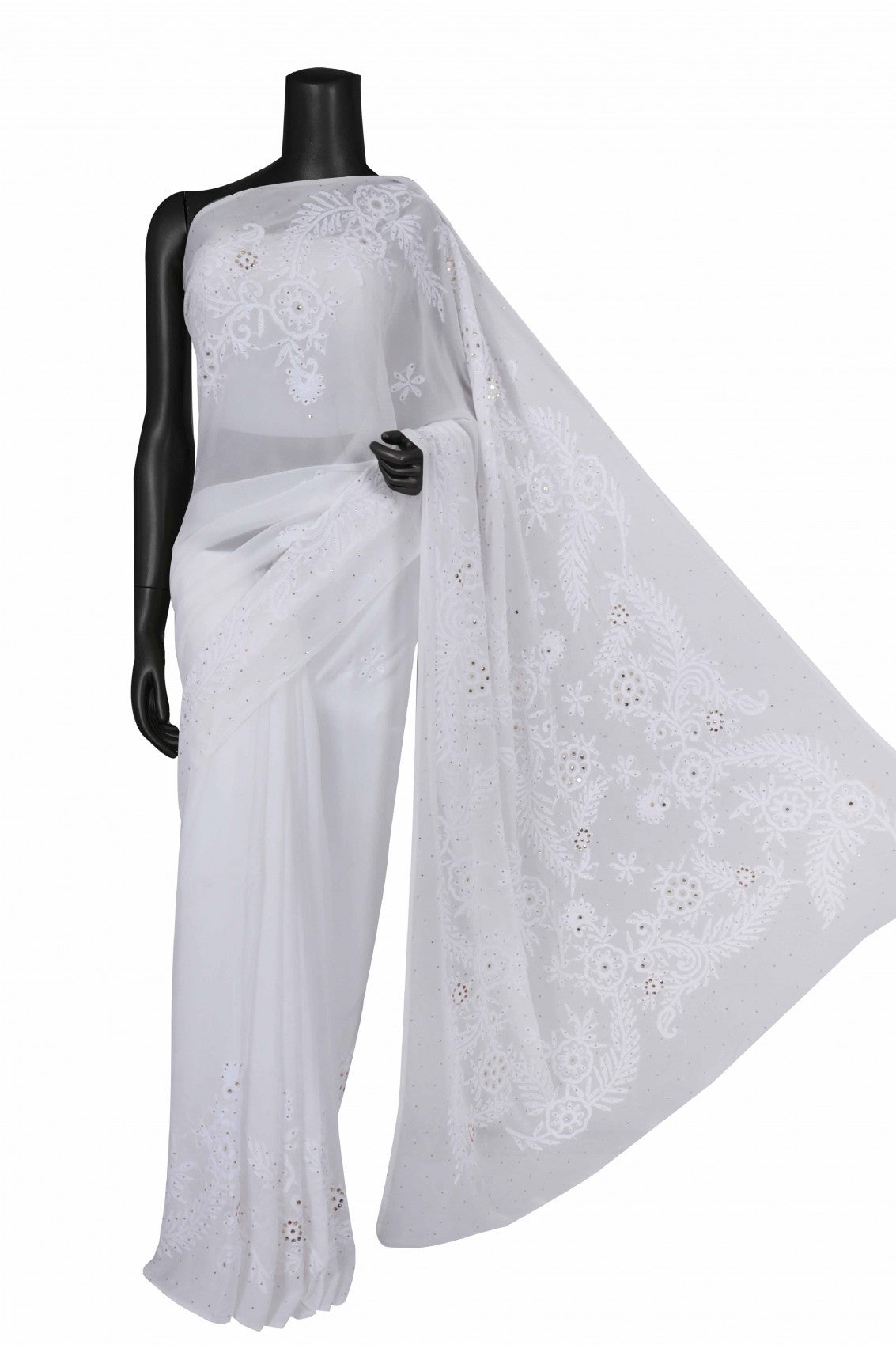 Ada Hand Embroidered White Georgette Lucknowi Chikankari Saree/Blouse With Muqaish Work 01A235479