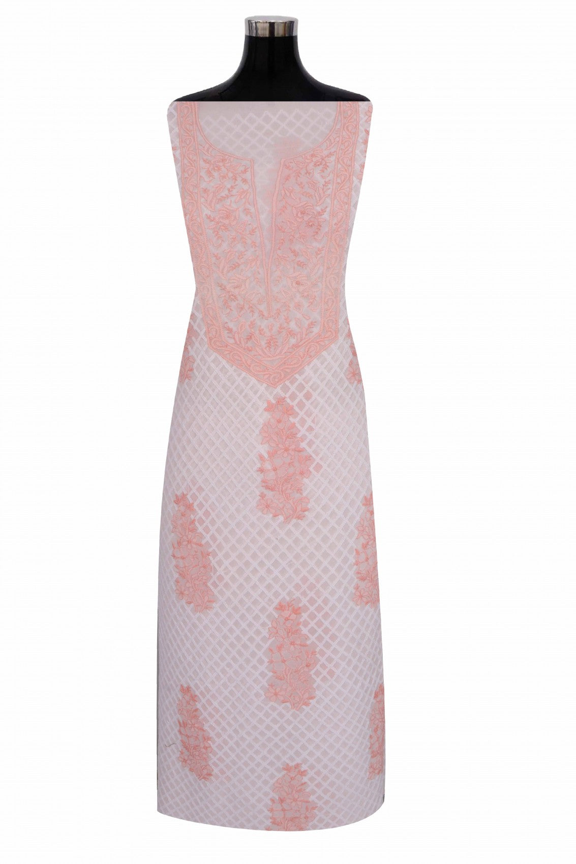 Ada Hand Embroidered Light Peach Pure Georgette Lucknowi Chikankari Unstitched Kurta Dupatta Set A454113