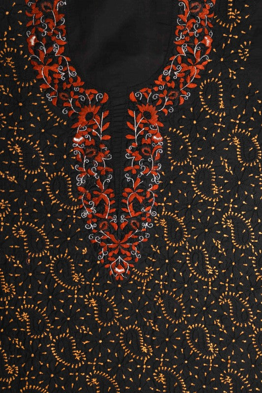 Ada Hand Embroidered Black Cotton Lucknowi Chikan Unstitched Suit Piece A211110