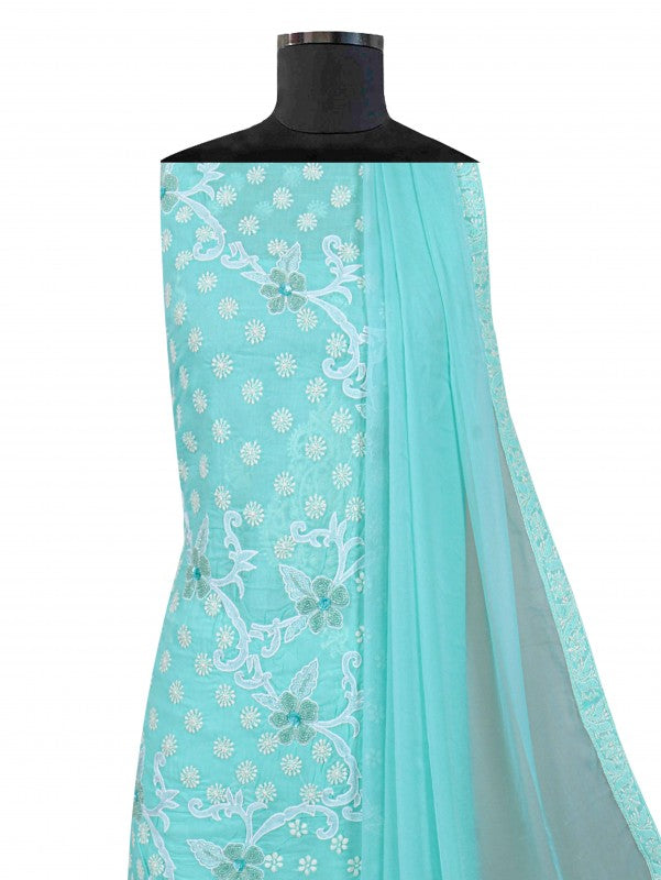 Ada Hand Embroidered Sea Green Cotton Lucknowi Chikankari Unstitched Suit Piece With Pearl Work 01A184312
