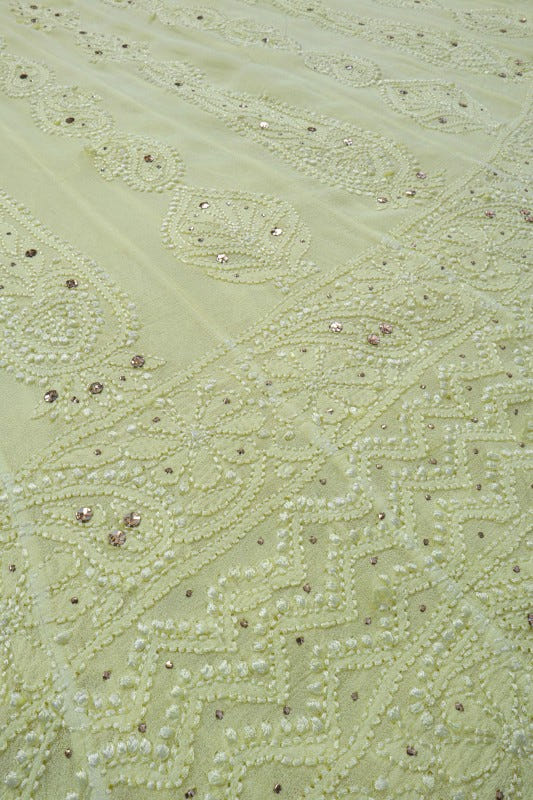 Ada Hand Embroidered Lemon Georgette Lucknowi Chikankari Semi-Stitched Anarkali Kurta Dupatta Set With Muqaish Work A607089