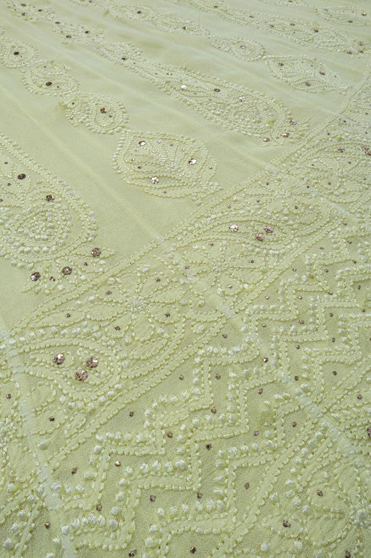 Ada Hand Embroidered Lemon Georgette Lucknowi Chikankari Semi-Stitched Anarkali Kurta Dupatta Set With Muqaish Work A607089
