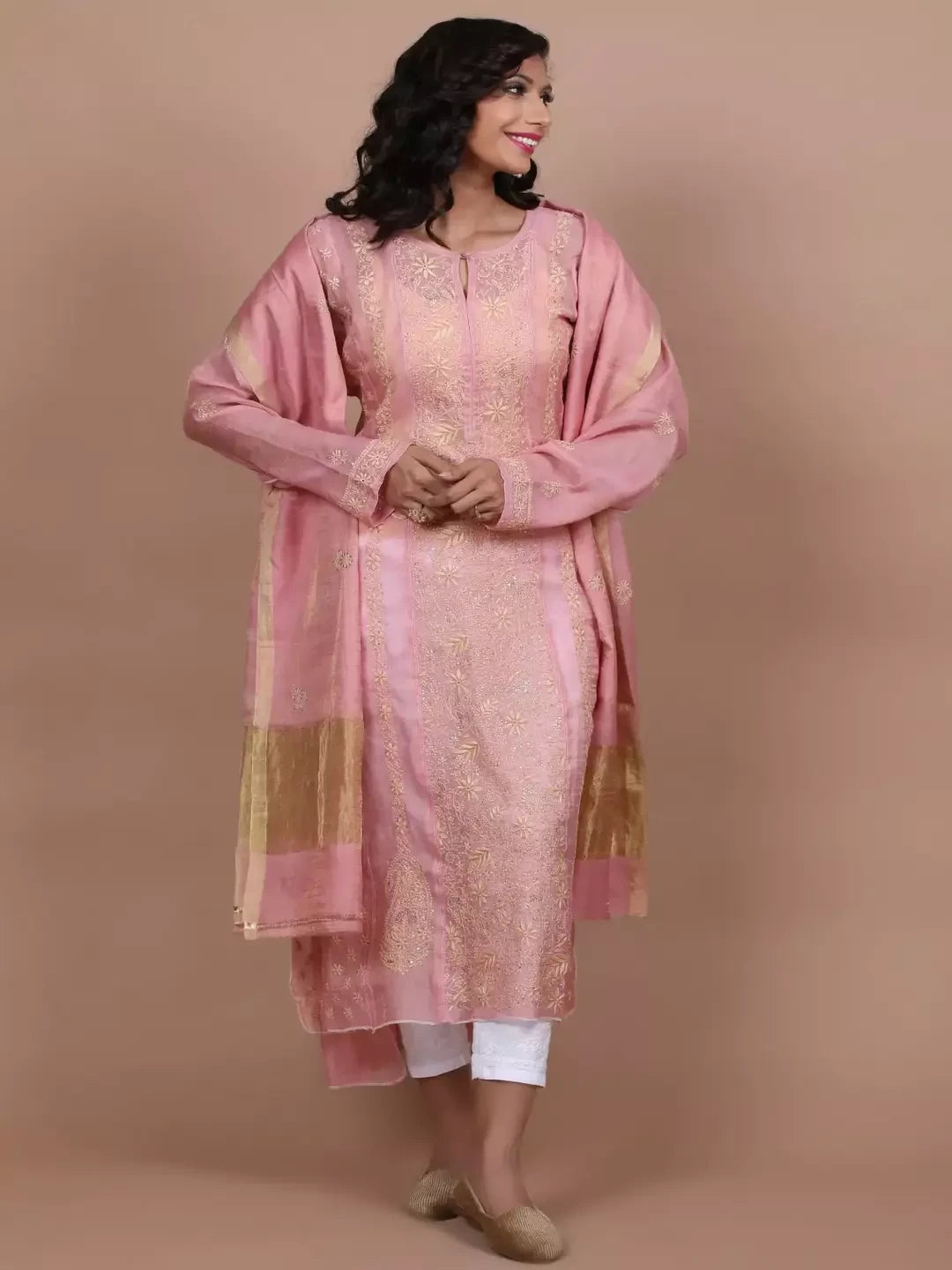 Ada Hand Embroidered Dusty Peach Tissue Lucknowi Chikankari Semi-stitched Kurta Dupatta Set With Muqaish Work 01A229599