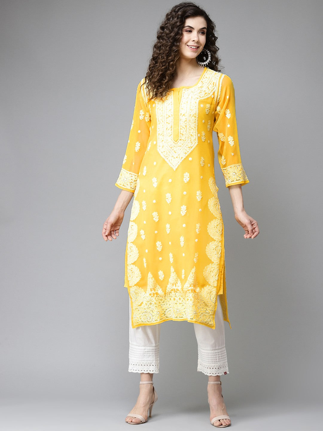 Ada Hand Embroidered Yellow Georgette Lucknowi Chikankari Straight Kurta With Slip A411195