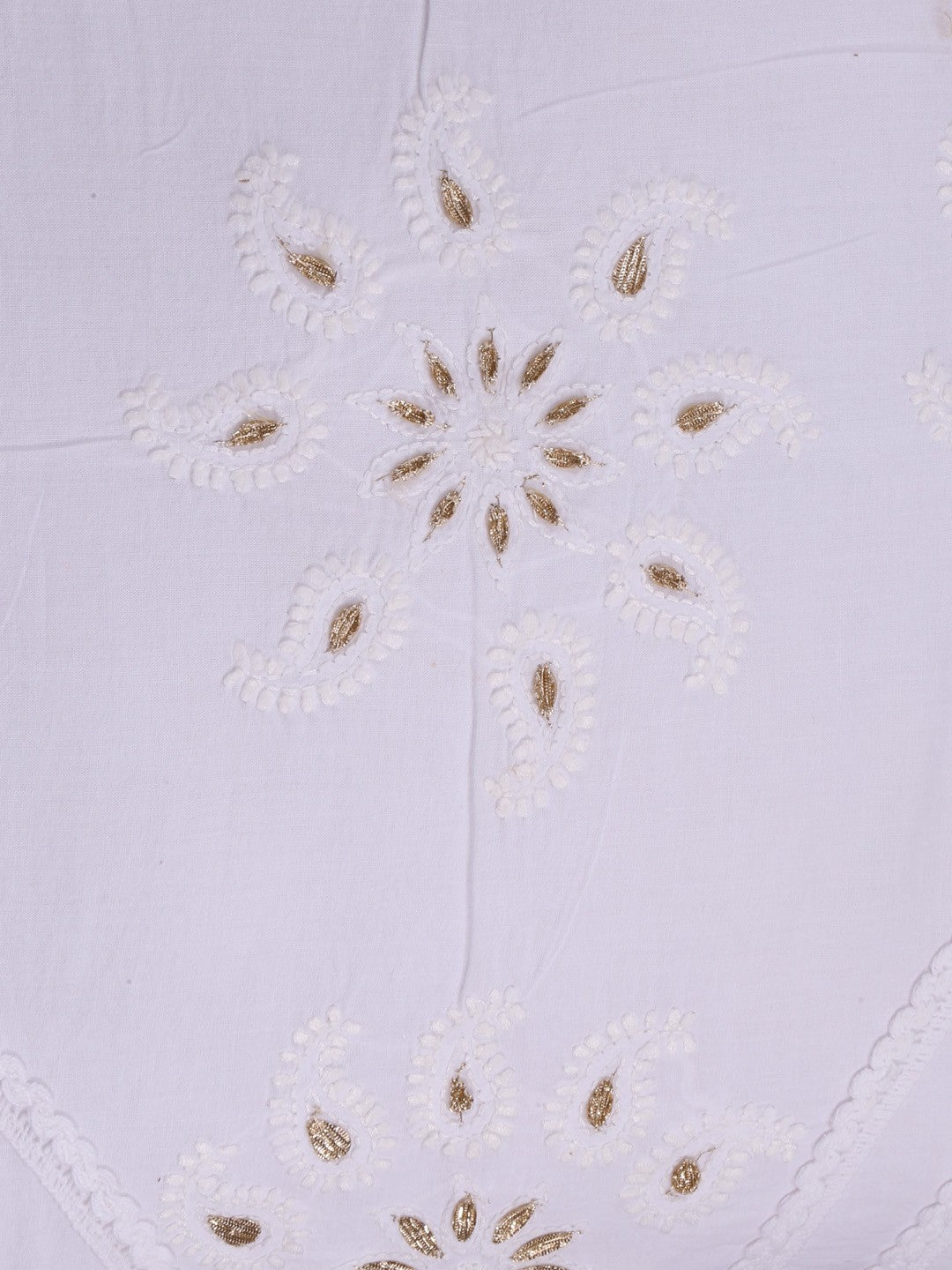 Ada Hand Embroidered White Cotton Lucknowi Chikankari Cushion Cover with Gota Patti Work A011102