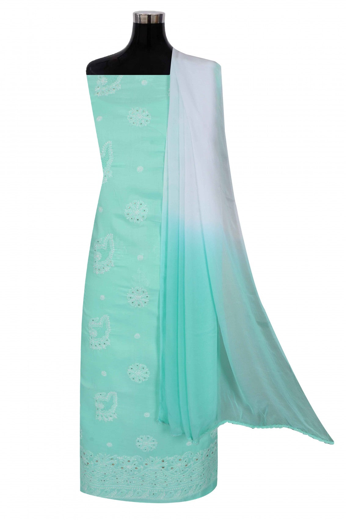 Ada Hand Embroidered Sea Green Cotton Lucknowi Chikankari Unstitched Suit Piece With Muqaish Work 01A204406