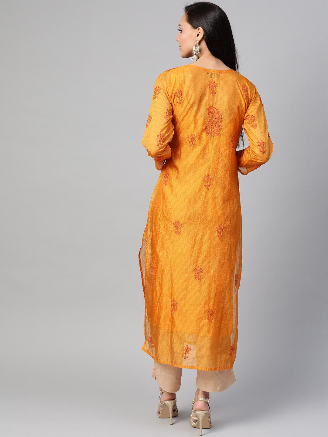 Ada Hand Embroidered Mustard Kota Lucknowi Chikan Kurta/Slip With Muqaish Work- A100486