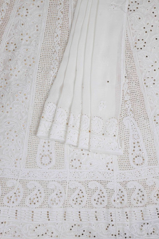 Ada Hand Embroidered White Viscose Georgette Semi-stitched Anarkali Kurta Dupatta With Muqaish Work- A621530