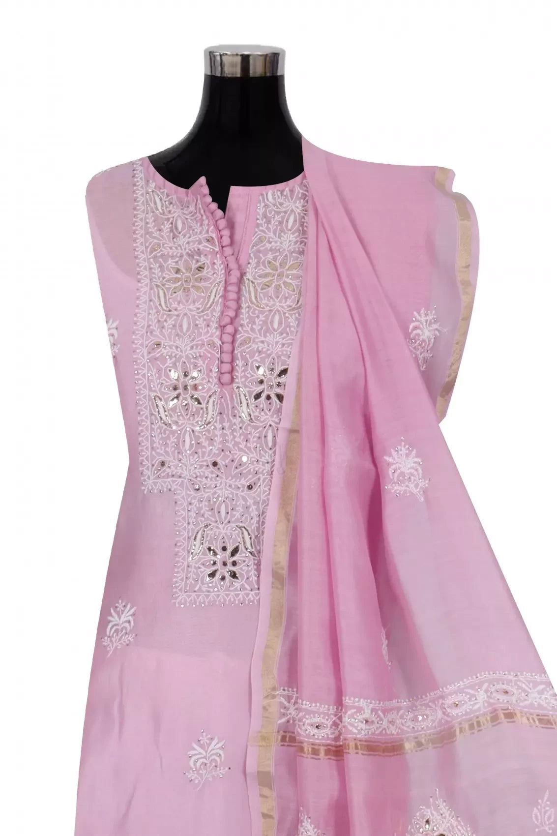 Ada Hand Embroidered Pink Chanderi Lucknowi Chikankari Unstitched Kurta Dupatta Set With Muqaish Work 01A216286