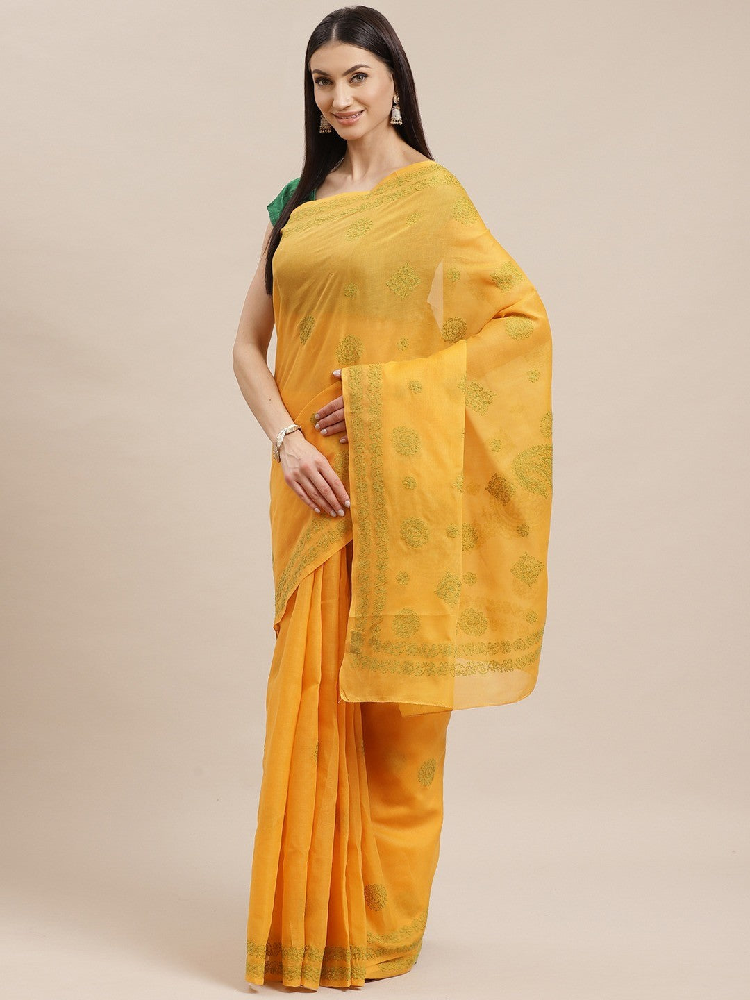 Ada Hand Embroidered Mustard Cotton Lucknow Chikan Saree With Blouse A311144