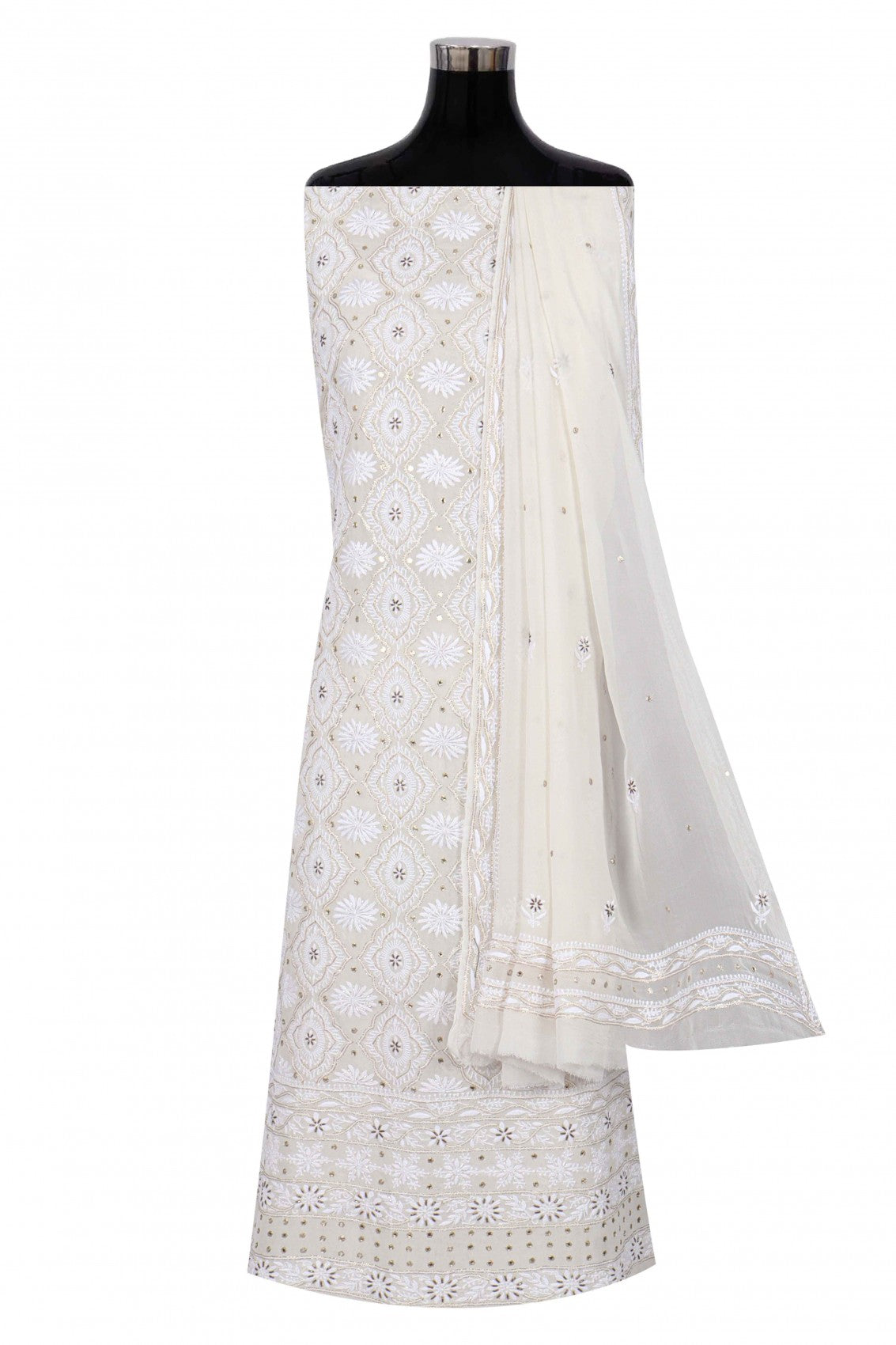 Ada Hand Embroidered White Pure Georgette Lucknowi Chikankari Unstitched Kurta Dupatta Set With Cutdana Work A392440