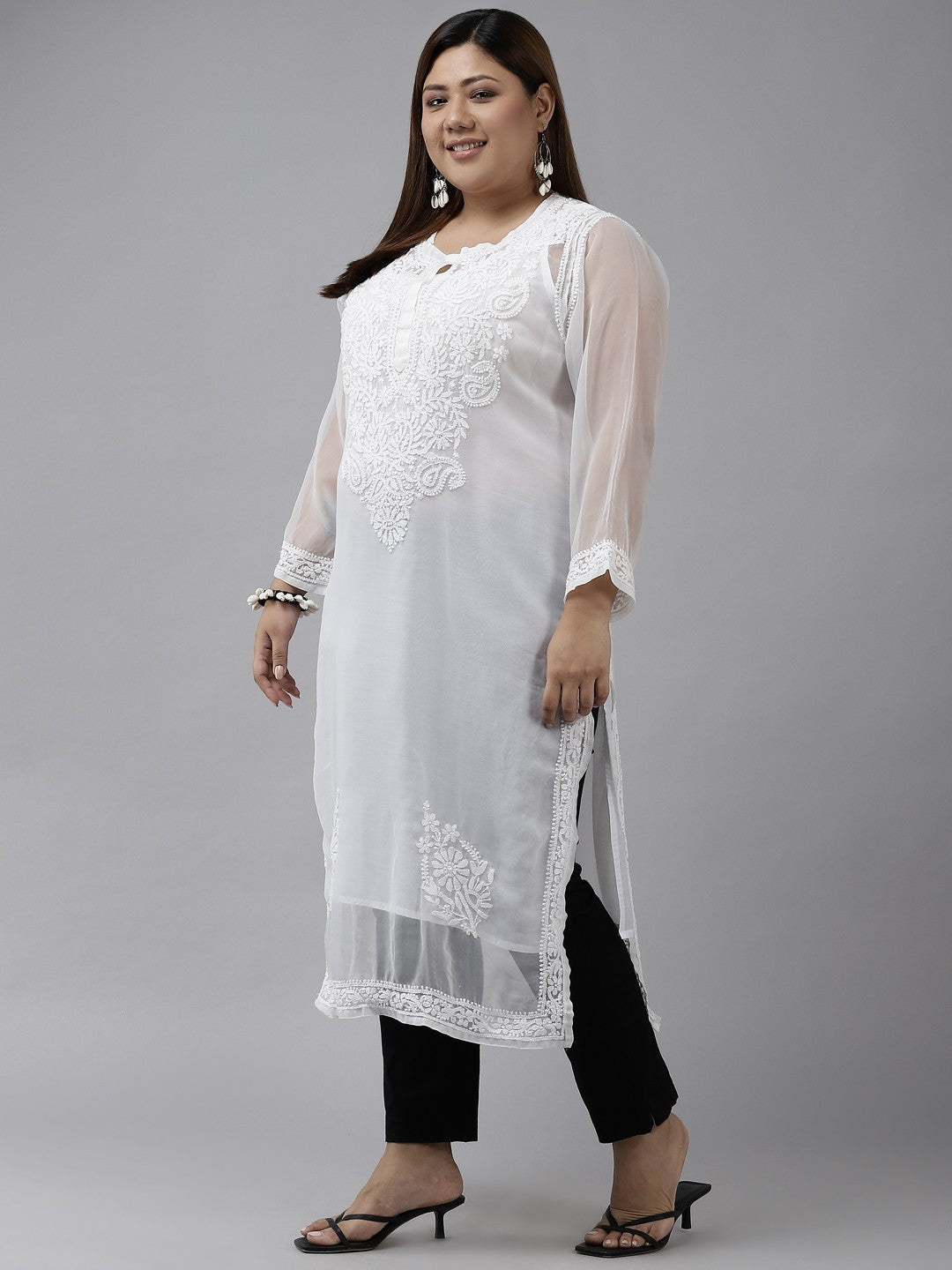 Ada Hand Embroidered White Georgette Lucknow Chikan Straight Kurta With Slip A411296