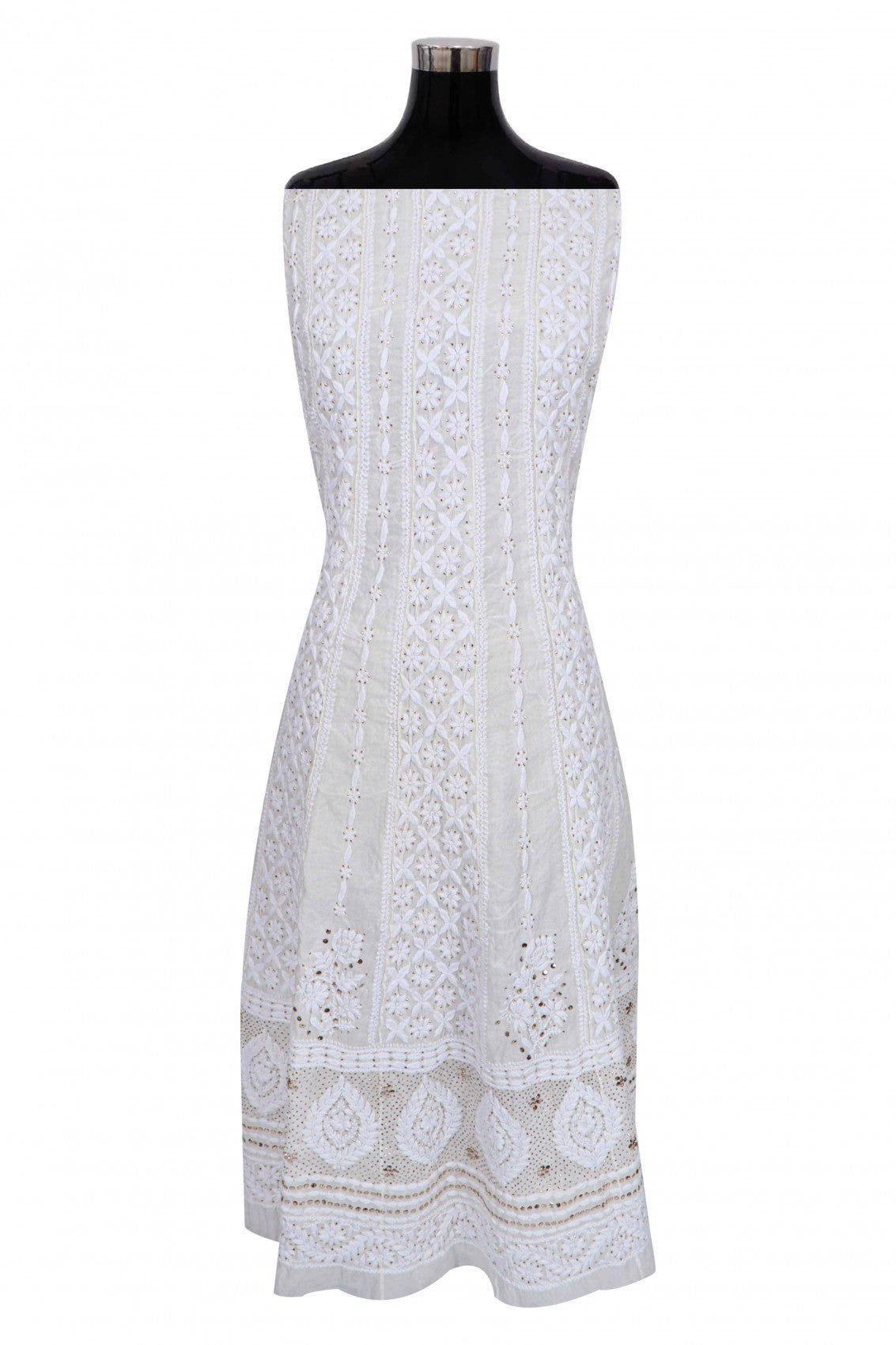 Ada Hand Embroidered Off White Chanderi Lucknowi Chikankari Semi-Stitched Anarkali Kurta Piece With Muqaish Work 01A223577