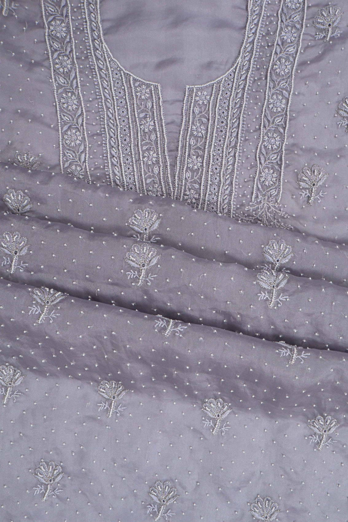Ada Hand Embroidered Light Grey Organza Lucknowi Chikankari Unstitched Kurta Piece With Pearl Work A581353