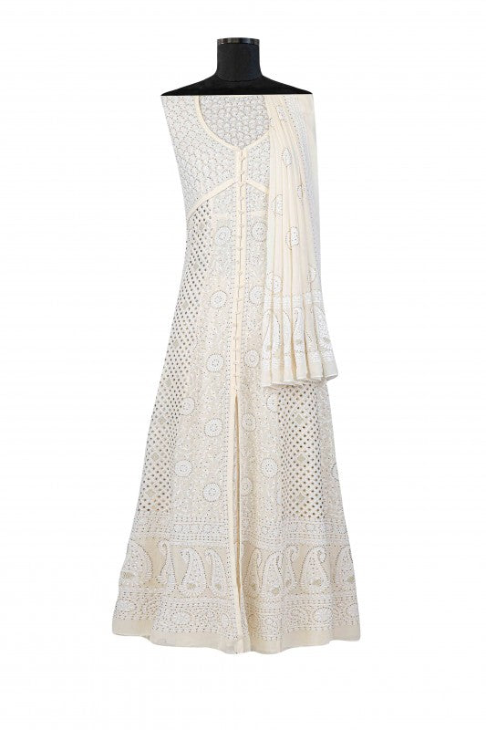 Ada Hand Embroidered White Pure Georgette Semi Stitched Anarkali Kurta Dupatta Set with Muquaish Work A501767