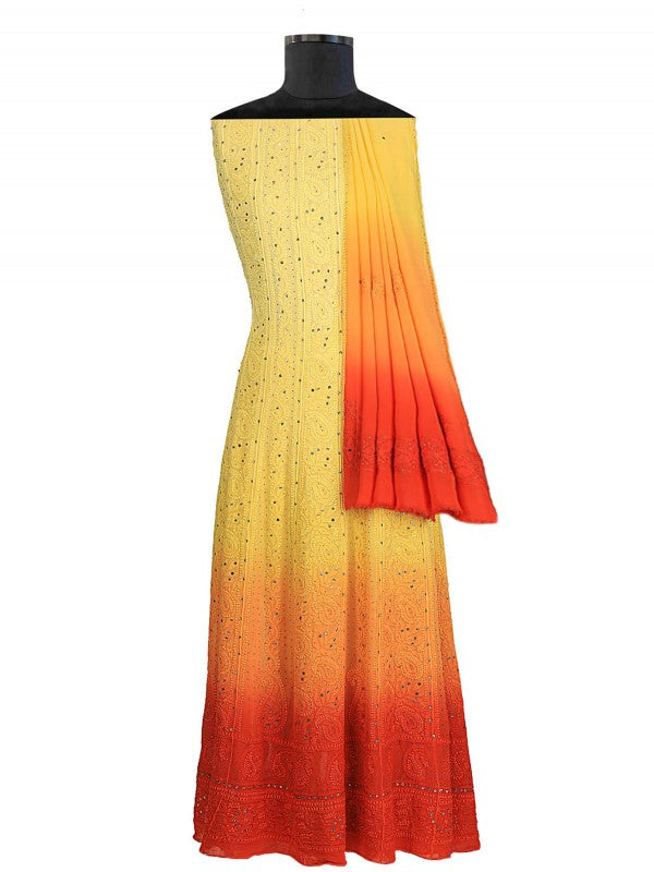 Ada Hand Embroidered Yellow & Orange Shaded Georgette Lucknowi Chikankari Semi-stitched Anarkali Kurta Dupatta Set With Muqaish Work- A608779