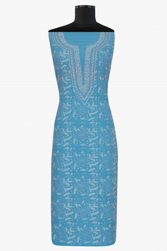 Ada Hand Embroidered Cyan Blue Pure Georgette Lucknowi Chikan Unstitched Kurta Dupatta Set A197413