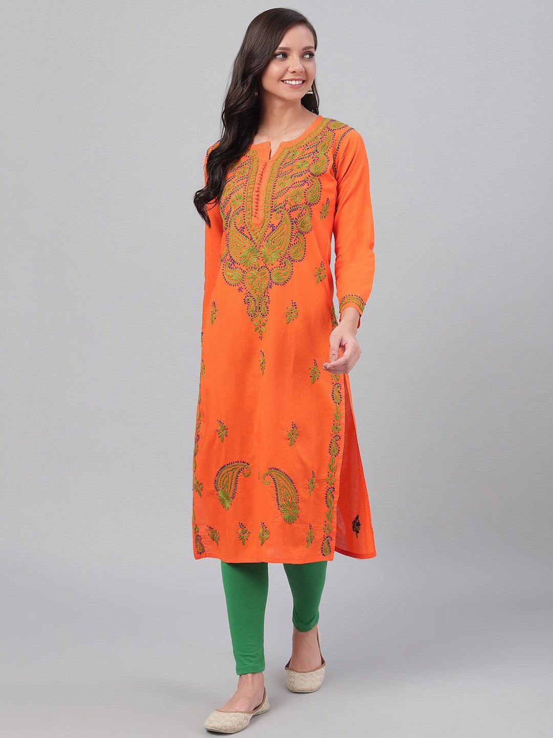 Ada Hand Embroidered Orange Cotton Lucknowi Chikankari Straight Kurta A223686